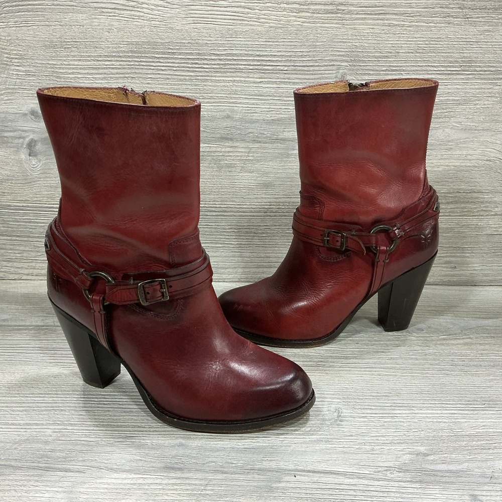 Frye Jenny Plate Short Burgundy Red Leather Harness Boots Heels Women's 8.5 B